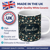 Personalized Custom Name Dark Floral Starburst Winter Seamless Pattern Elegant Night Garden 11oz Ceramic Coffee Tea Mug White Large Handle