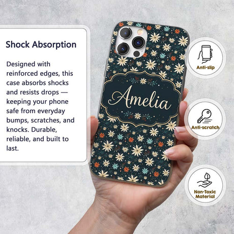 Dark Floral Starburst Winter Seamless Pattern Custom Name Protective Phone Case Mobile Cover Durable Everyday Smartphone Shock Resistant