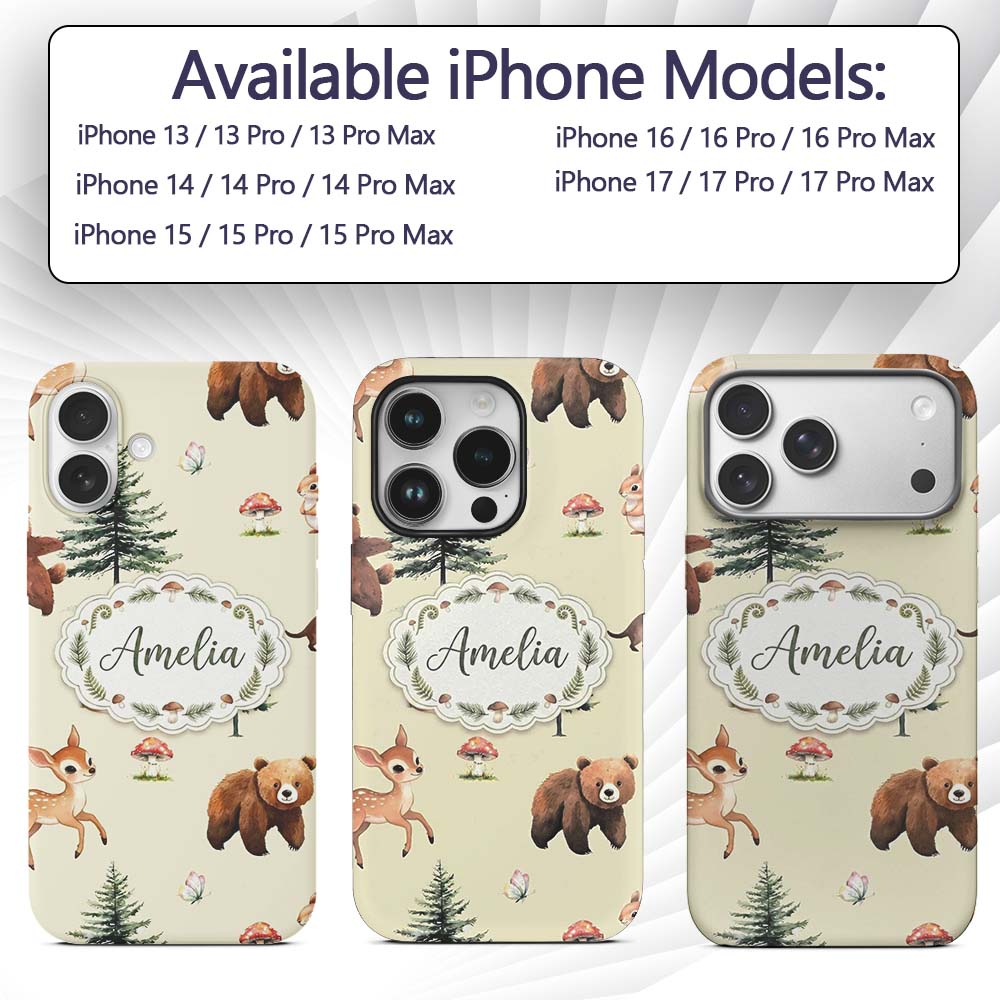 Cute Woodland Forest Animals Bear Bunny Deer on Custom Name Protective Phone Case Mobile Cover Durable Everyday Smartphone Shock Resistant