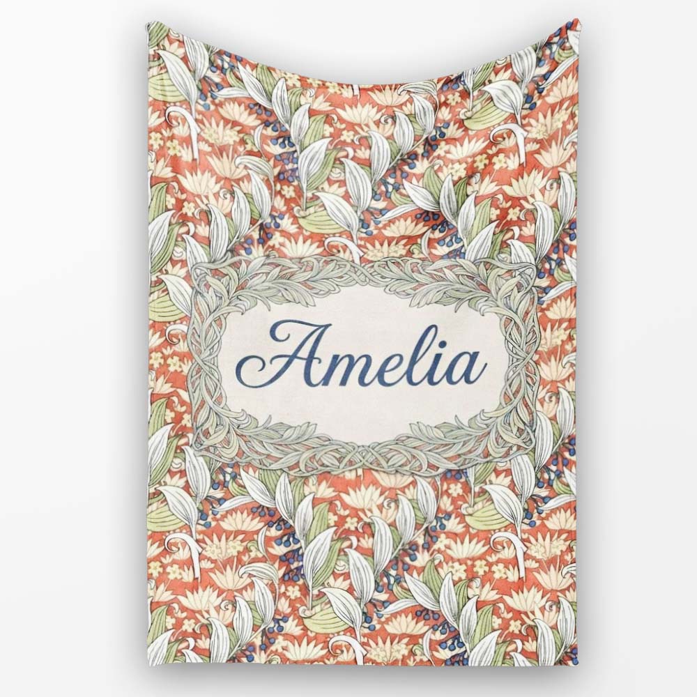 Vintage Botanical Lily Floral Seamless Pattern Classic Art Nouveau  Personalised Custom Name Super Soft Fleece Blanket Bed Sofa Throw