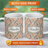 Personalized Custom Name Vintage Botanical Lily Floral Seamless Pattern Classic Art Nouveau 11oz Ceramic Coffee Tea Mug White Large Handle
