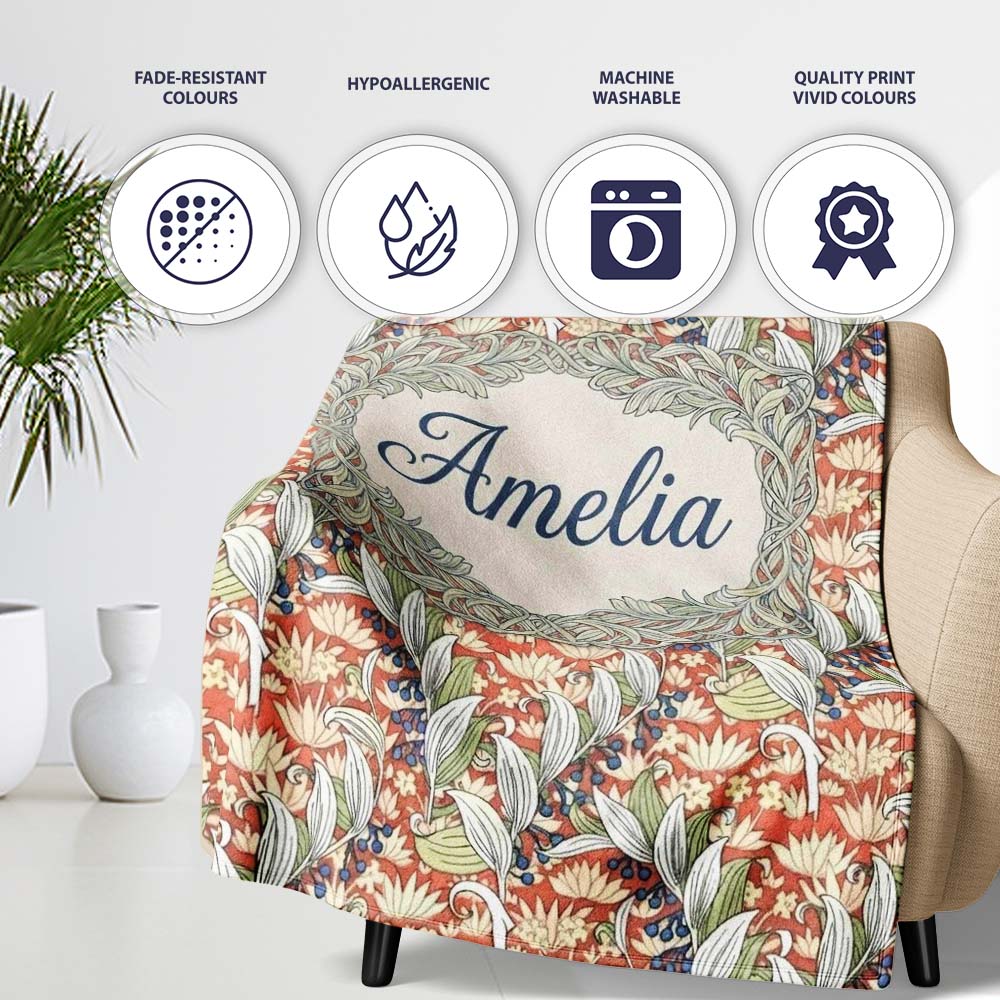 Vintage Botanical Lily Floral Seamless Pattern Classic Art Nouveau  Personalised Custom Name Super Soft Fleece Blanket Bed Sofa Throw