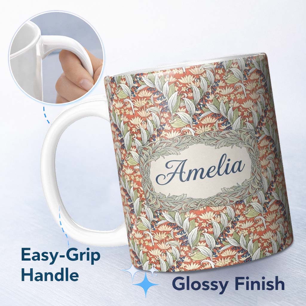 Personalized Custom Name Vintage Botanical Lily Floral Seamless Pattern Classic Art Nouveau 11oz Ceramic Coffee Tea Mug White Large Handle