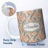 Personalized Custom Name Vintage Botanical Lily Floral Seamless Pattern Classic Art Nouveau 11oz Ceramic Coffee Tea Mug White Large Handle