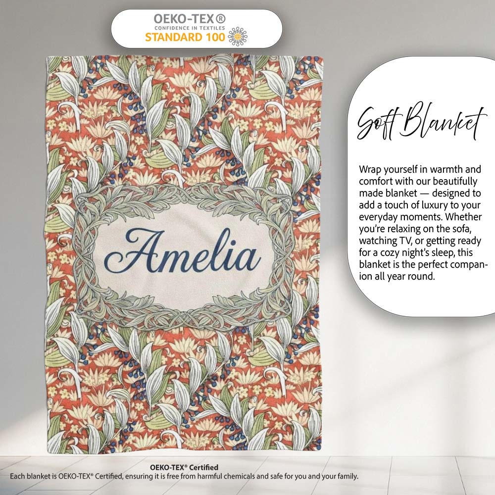 Vintage Botanical Lily Floral Seamless Pattern Classic Art Nouveau  Personalised Custom Name Super Soft Fleece Blanket Bed Sofa Throw