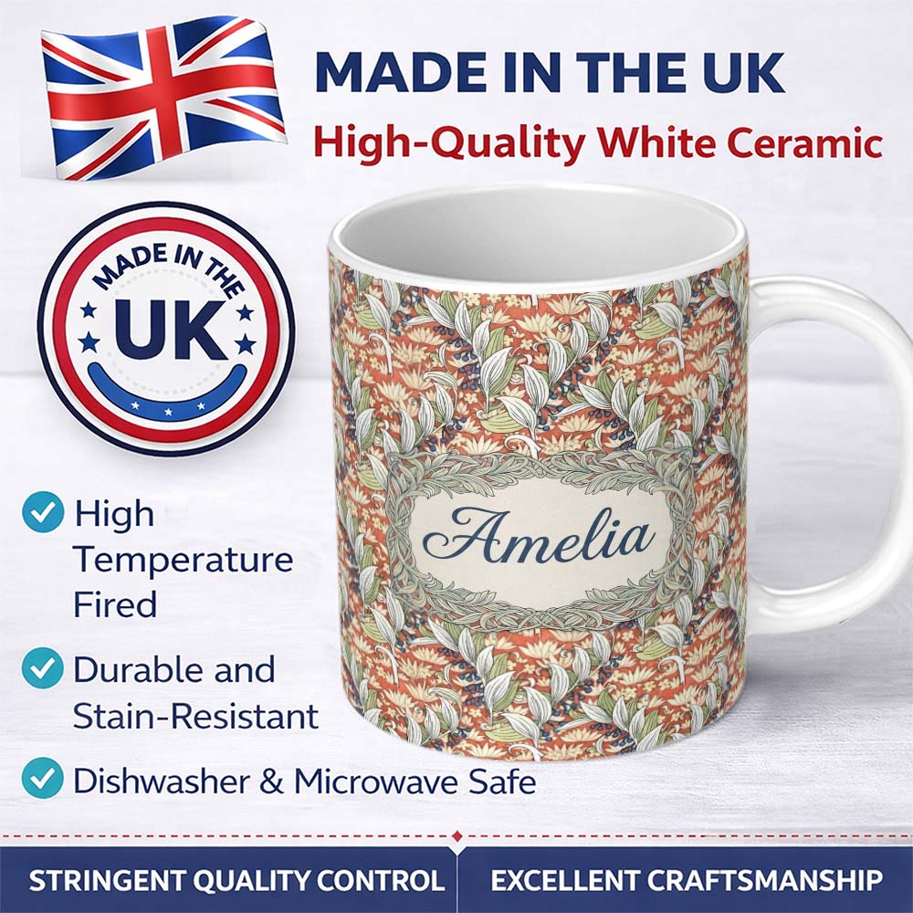 Personalized Custom Name Vintage Botanical Lily Floral Seamless Pattern Classic Art Nouveau 11oz Ceramic Coffee Tea Mug White Large Handle