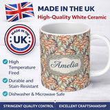 Personalized Custom Name Vintage Botanical Lily Floral Seamless Pattern Classic Art Nouveau 11oz Ceramic Coffee Tea Mug White Large Handle