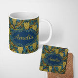 Personalized Custom Name Golden Birds and Wisteria Floral Seamless Pattern Art Nouveau 11oz Ceramic Coffee Tea Mug White Large Handle