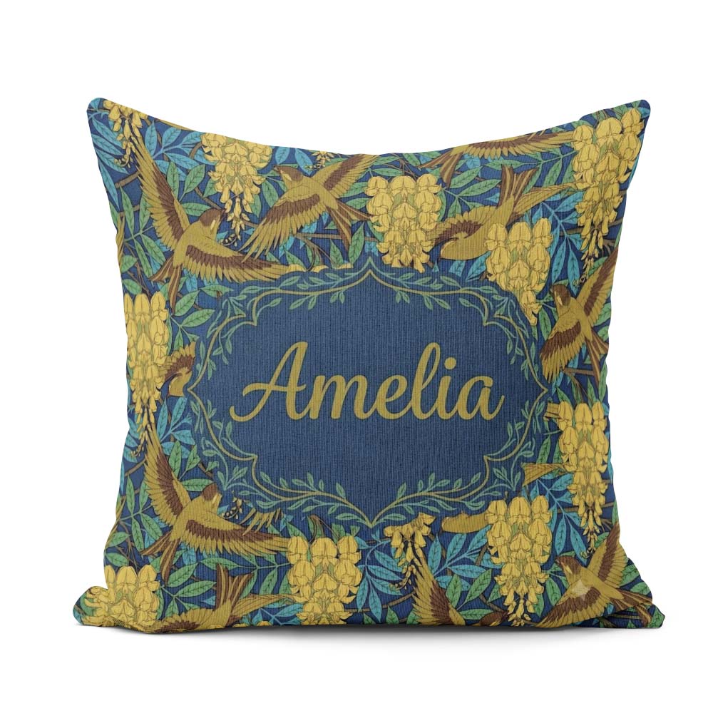 Custom Name Golden Birds and Wisteria Floral Pattern Art Nouveau Square Filled Cushion Throw Pillow Sofa Bed Home Decor Zip Washable UK Made