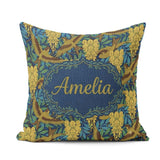 Custom Name Golden Birds and Wisteria Floral Pattern Art Nouveau Square Filled Cushion Throw Pillow Sofa Bed Home Decor Zip Washable UK Made