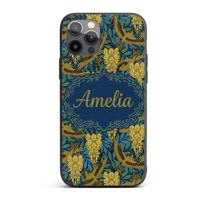 Golden Birds and Wisteria Floral Seamless Pattern Custom Name Protective Phone Case Mobile Cover Durable Everyday Smartphone Shock Resistant