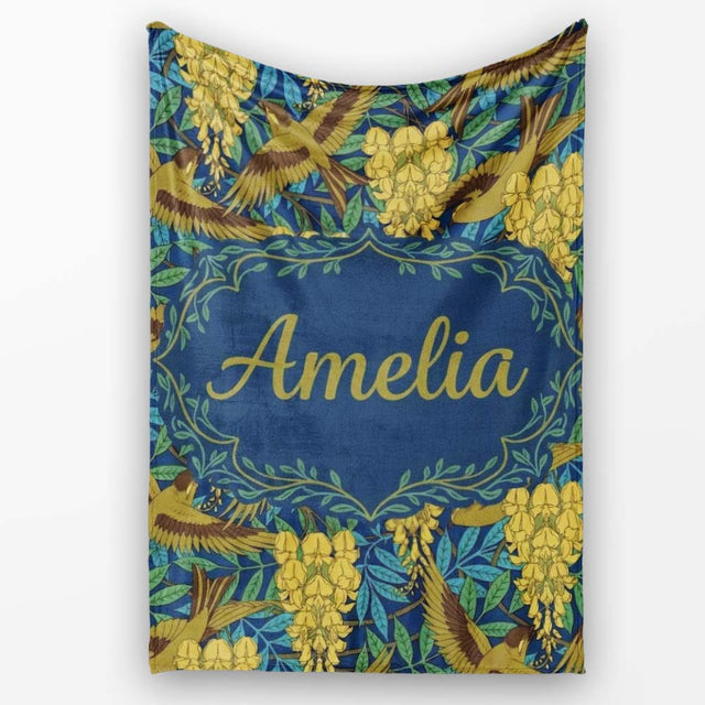 Golden Birds and Wisteria Floral Seamless Pattern Art Nouveau  Personalised Custom Name Super Soft Fleece Blanket Bed Sofa Throw