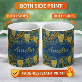 Personalized Custom Name Golden Birds and Wisteria Floral Seamless Pattern Art Nouveau 11oz Ceramic Coffee Tea Mug White Large Handle