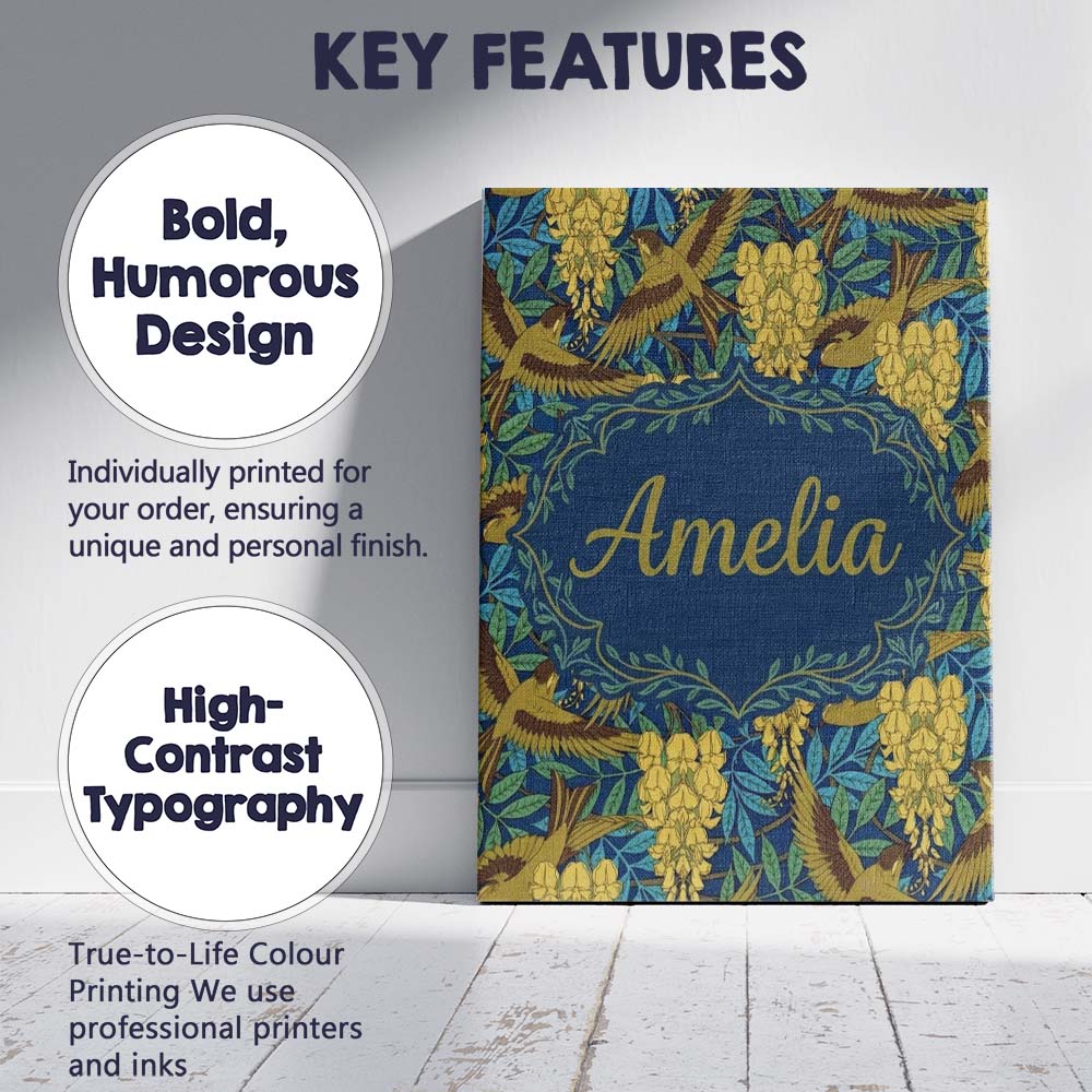 Personalised Name Golden Birds and Wisteria Custom  Bespoke Interior Contemporary Canvas Wall Art Print Decor Picture Ready to Hang