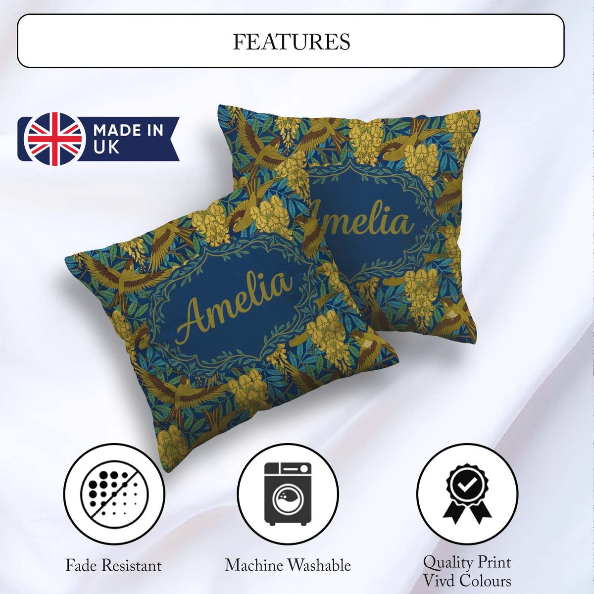 Custom Name Golden Birds and Wisteria Floral Pattern Art Nouveau Square Filled Cushion Throw Pillow Sofa Bed Home Decor Zip Washable UK Made
