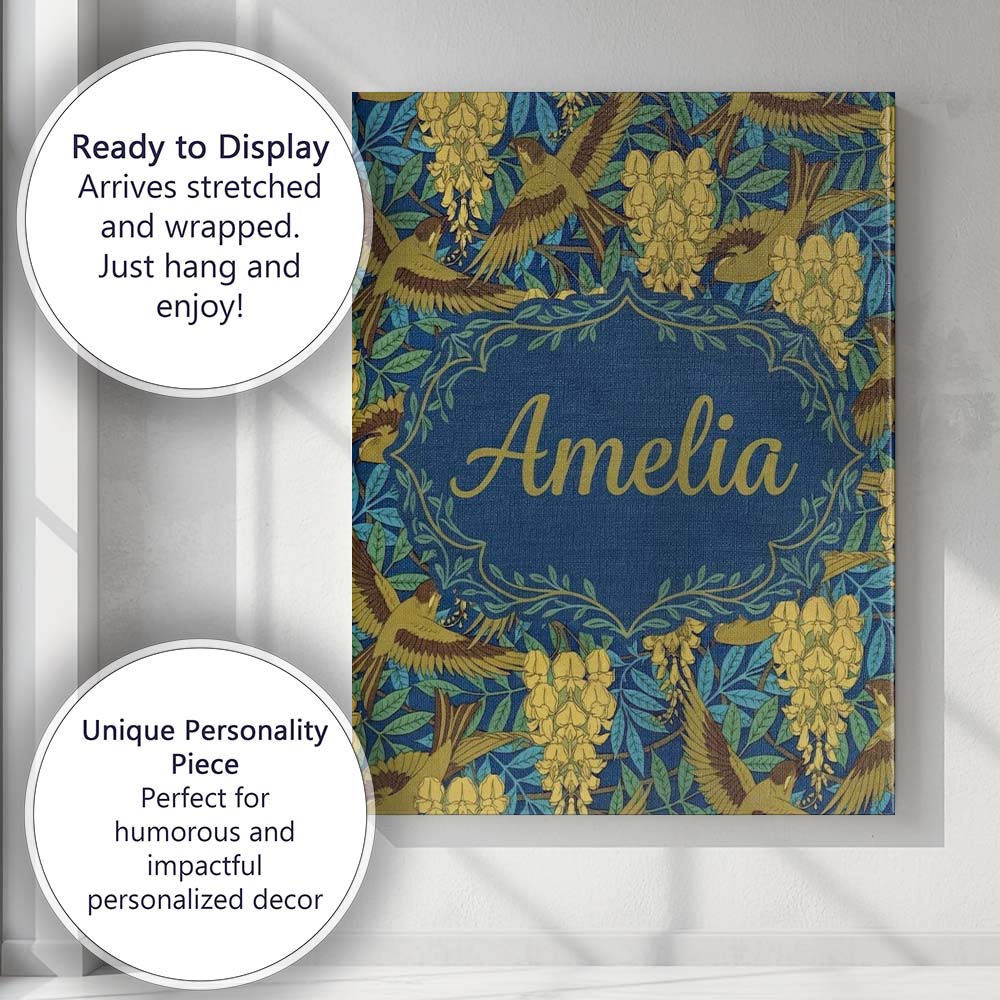 Personalised Name Golden Birds and Wisteria Custom  Bespoke Interior Contemporary Canvas Wall Art Print Decor Picture Ready to Hang