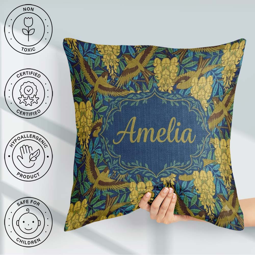 Custom Name Golden Birds and Wisteria Floral Pattern Art Nouveau Square Filled Cushion Throw Pillow Sofa Bed Home Decor Zip Washable UK Made