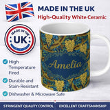 Personalized Custom Name Golden Birds and Wisteria Floral Seamless Pattern Art Nouveau 11oz Ceramic Coffee Tea Mug White Large Handle