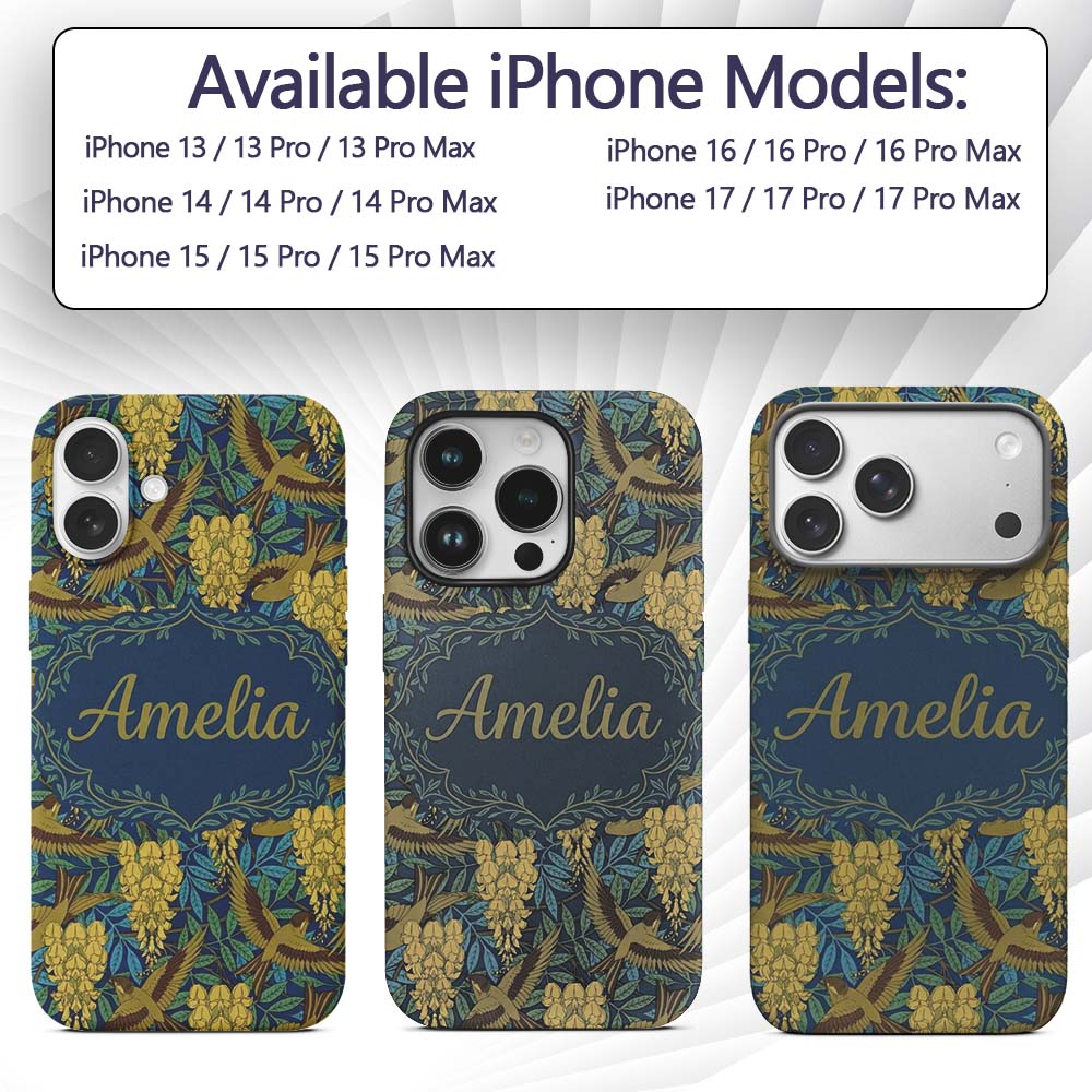 Golden Birds and Wisteria Floral Seamless Pattern Custom Name Protective Phone Case Mobile Cover Durable Everyday Smartphone Shock Resistant