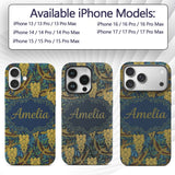 Golden Birds and Wisteria Floral Seamless Pattern Custom Name Protective Phone Case Mobile Cover Durable Everyday Smartphone Shock Resistant