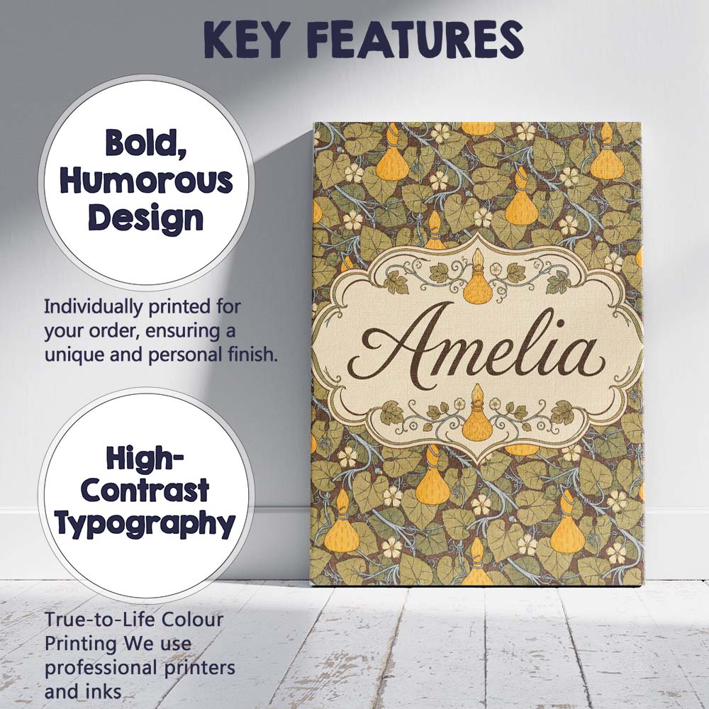 Personalised Name Autumn Gourd Vine Floral Custom  Unique Gift Idea Elegant Feature Canvas Wall Art Print Decor Picture Ready to Hang