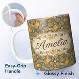 Personalized Custom Name Autumn Gourd Vine Floral Seamless Pattern Rustic Harvest Nature 11oz Ceramic Coffee Tea Mug White Large Handle