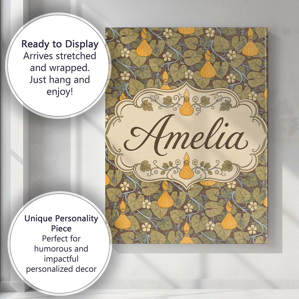 Personalised Name Autumn Gourd Vine Floral Custom  Unique Gift Idea Elegant Feature Canvas Wall Art Print Decor Picture Ready to Hang