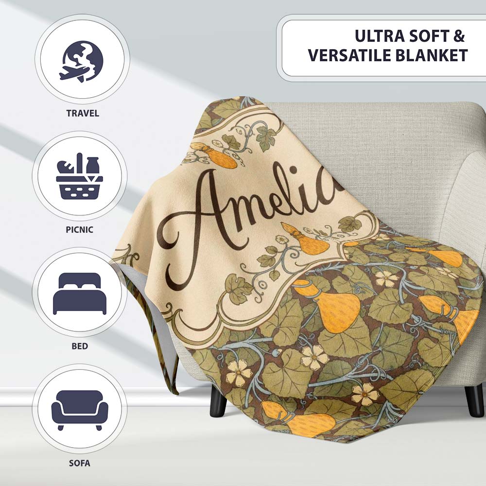 Autumn Gourd Vine Floral Seamless Pattern Rustic Harvest Nature  Personalised Custom Name Super Soft Fleece Blanket Bed Sofa Throw