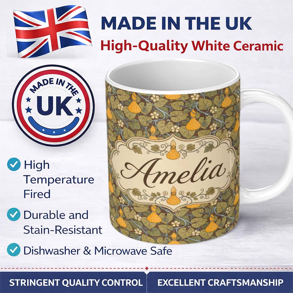 Personalized Custom Name Autumn Gourd Vine Floral Seamless Pattern Rustic Harvest Nature 11oz Ceramic Coffee Tea Mug White Large Handle