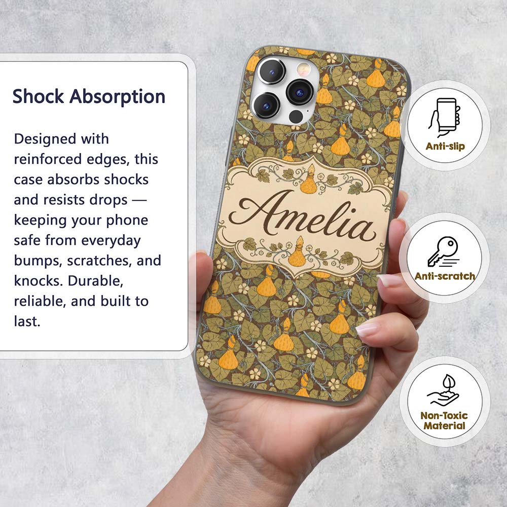 Autumn Gourd Vine Floral Seamless Pattern Rustic Custom Name Protective Phone Case Mobile Cover Durable Everyday Smartphone Shock Resistant
