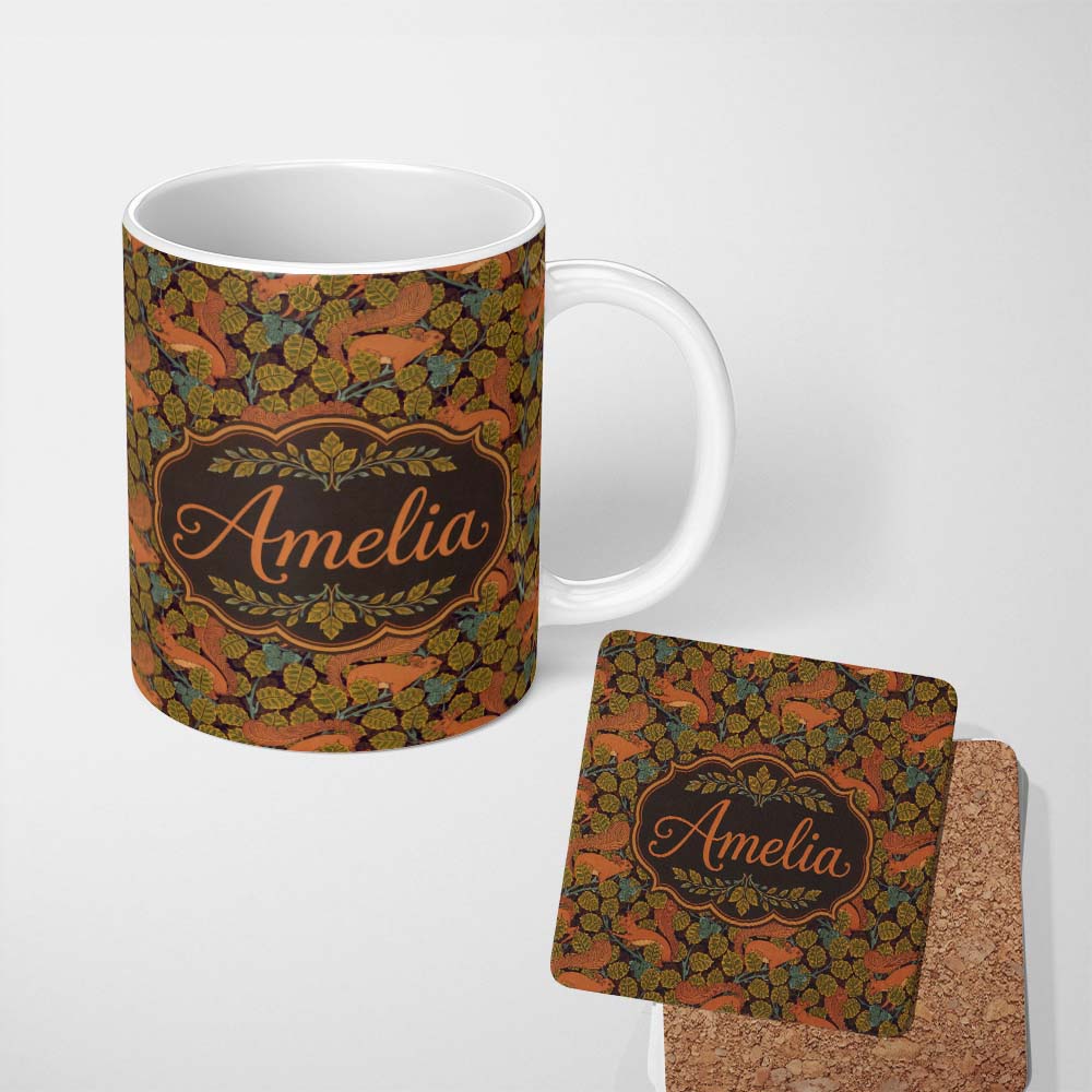 Personalized Custom Name Woodland Squirrel Forest Leaves Seamless Pattern Autumn Nature 11oz Ceramic Coffee Tea Mug White Large Handle
