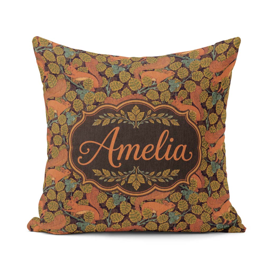 Custom Name Woodland Squirrel Forest Leaves Seamless Pattern Square Filled Cushion Throw Pillow Sofa Bed Home Decor Zip Washable UK Made
