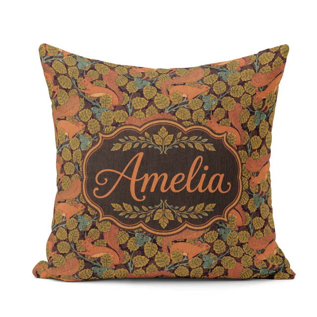 Custom Name Woodland Squirrel Forest Leaves Seamless Pattern Square Filled Cushion Throw Pillow Sofa Bed Home Decor Zip Washable UK Made