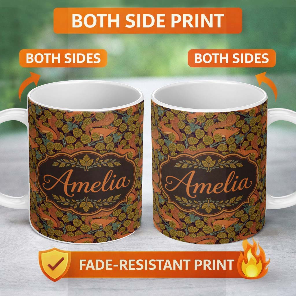 Personalized Custom Name Woodland Squirrel Forest Leaves Seamless Pattern Autumn Nature 11oz Ceramic Coffee Tea Mug White Large Handle