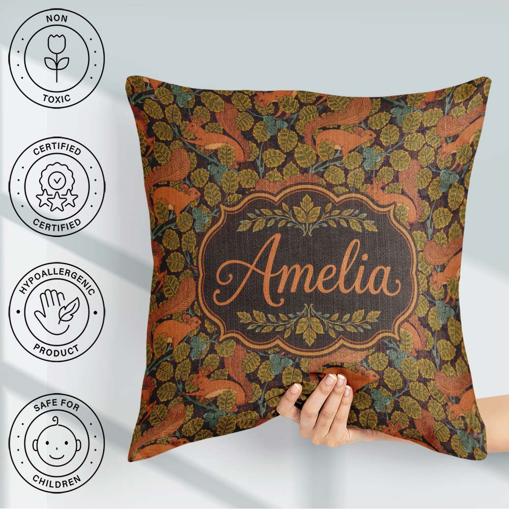 Custom Name Woodland Squirrel Forest Leaves Seamless Pattern Square Filled Cushion Throw Pillow Sofa Bed Home Decor Zip Washable UK Made