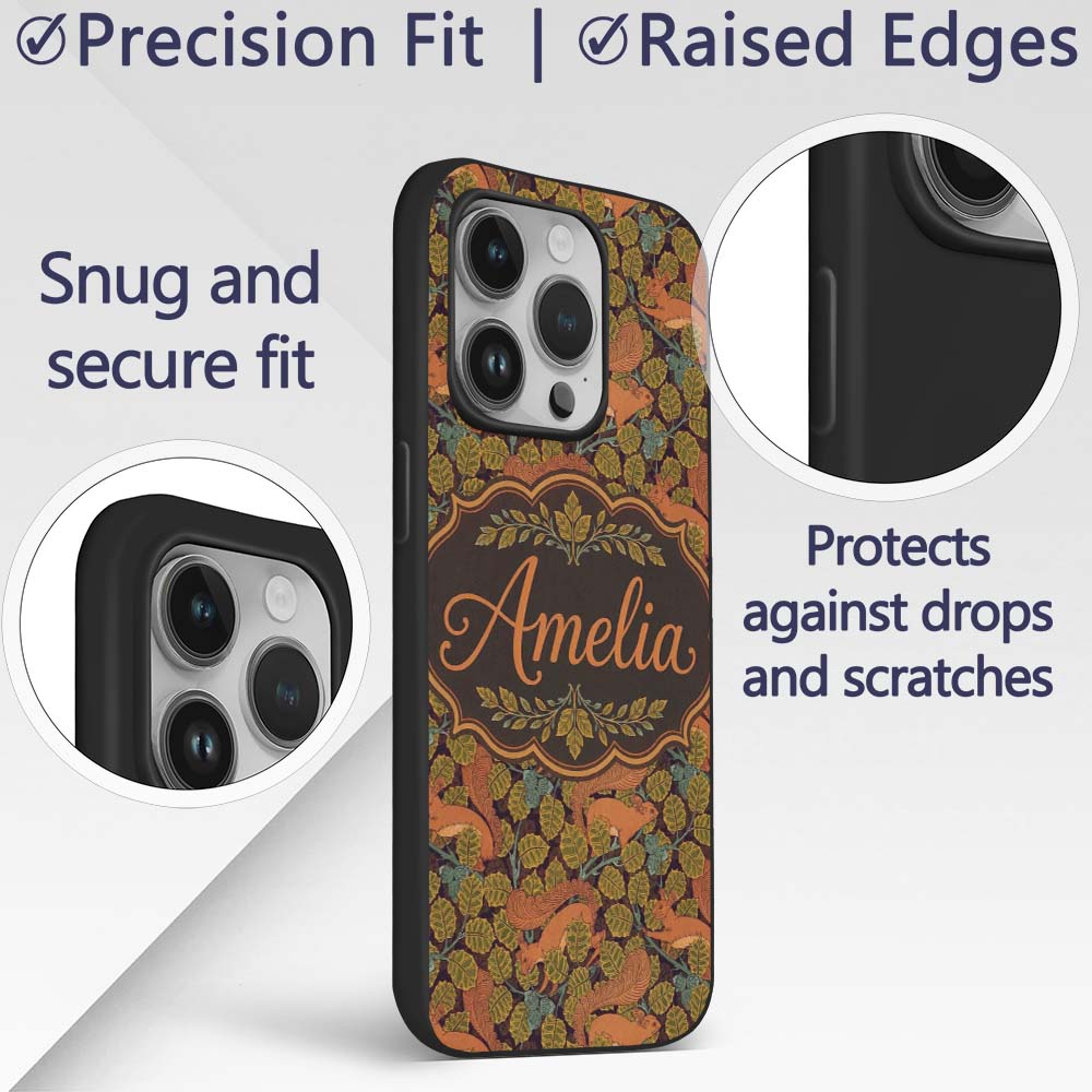 Woodland Squirrel Forest Leaves Seamless Pattern Custom Name Protective Phone Case Mobile Cover Durable Everyday Smartphone Shock Resistant
