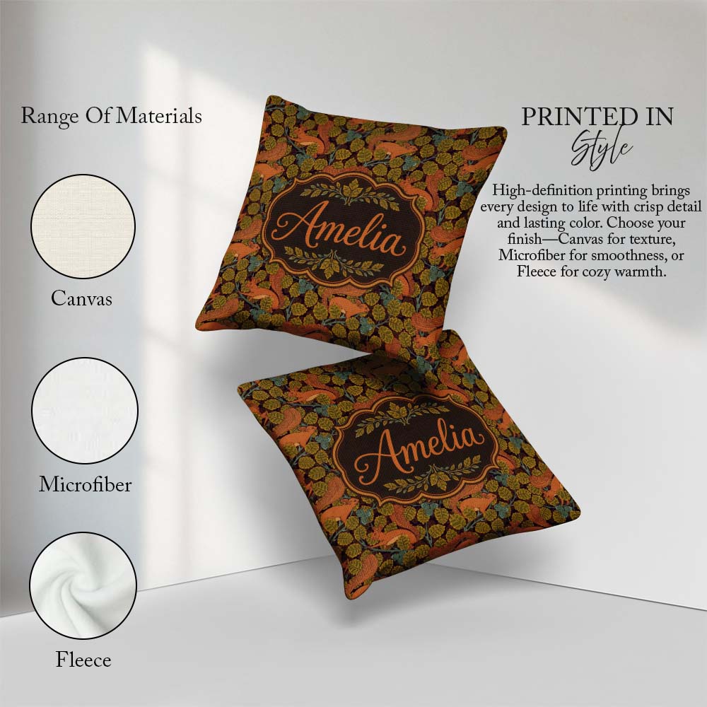 Custom Name Woodland Squirrel Forest Leaves Seamless Pattern Square Filled Cushion Throw Pillow Sofa Bed Home Decor Zip Washable UK Made