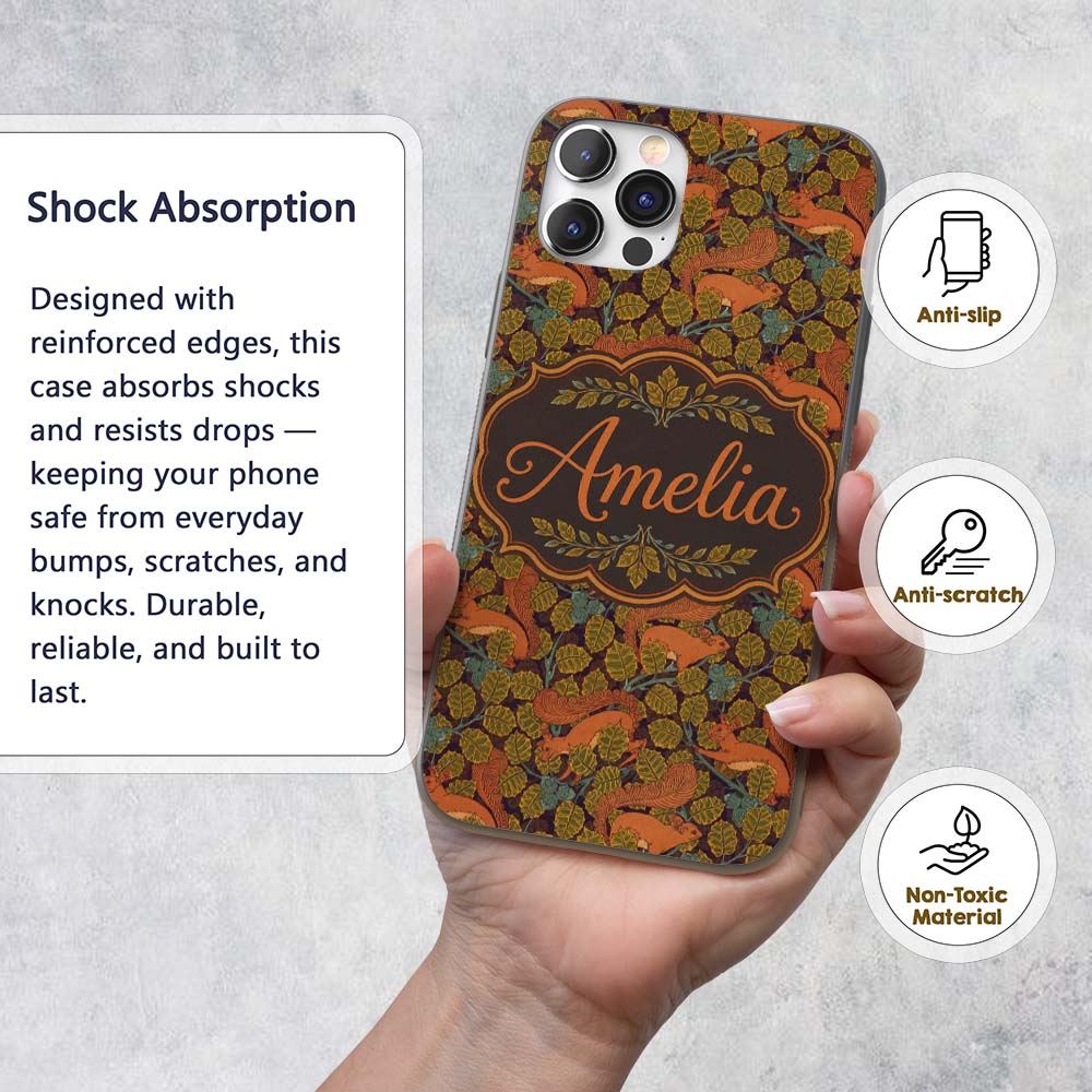 Woodland Squirrel Forest Leaves Seamless Pattern Custom Name Protective Phone Case Mobile Cover Durable Everyday Smartphone Shock Resistant