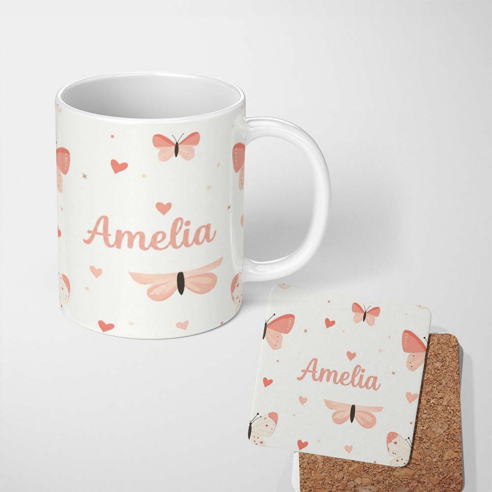 Personalized Custom Name Soft Butterfly Hearts Pastel Seamless Pattern Cute Romantic Design 11oz Ceramic Coffee Tea Mug White Large Handle