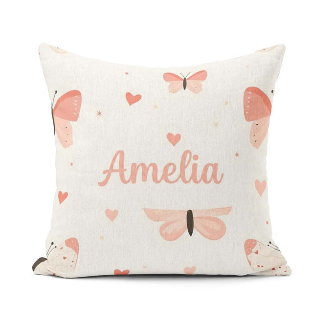 Custom Name Soft Butterfly Hearts Pastel Seamless Pattern Design Square Filled Cushion Throw Pillow Sofa Bed Home Decor Zip Washable UK Made