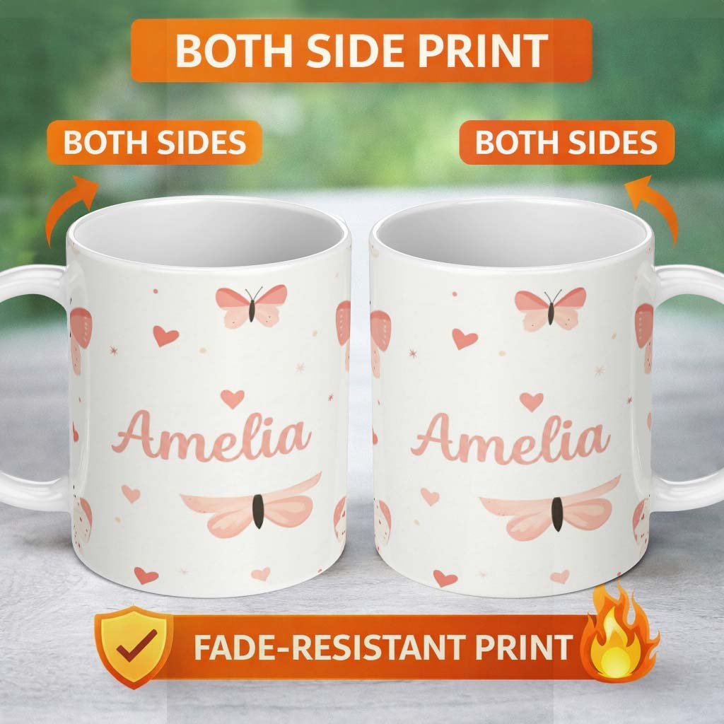 Personalized Custom Name Soft Butterfly Hearts Pastel Seamless Pattern Cute Romantic Design 11oz Ceramic Coffee Tea Mug White Large Handle