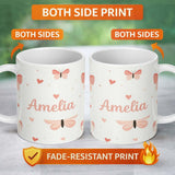 Personalized Custom Name Soft Butterfly Hearts Pastel Seamless Pattern Cute Romantic Design 11oz Ceramic Coffee Tea Mug White Large Handle