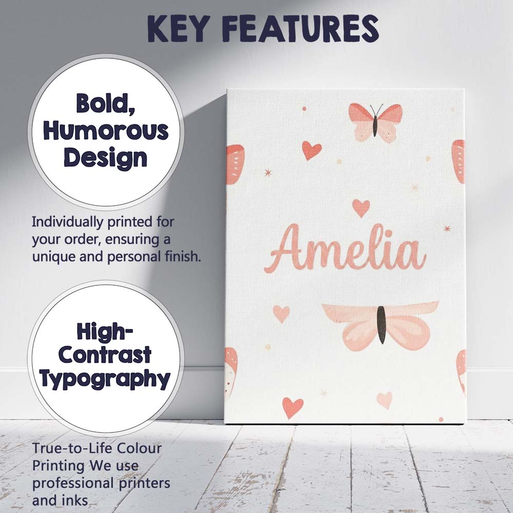 Personalised Name Soft Butterfly Hearts Custom  Modern Room Accent Elegant Feature Canvas Wall Art Print Decor Picture Ready to Hang