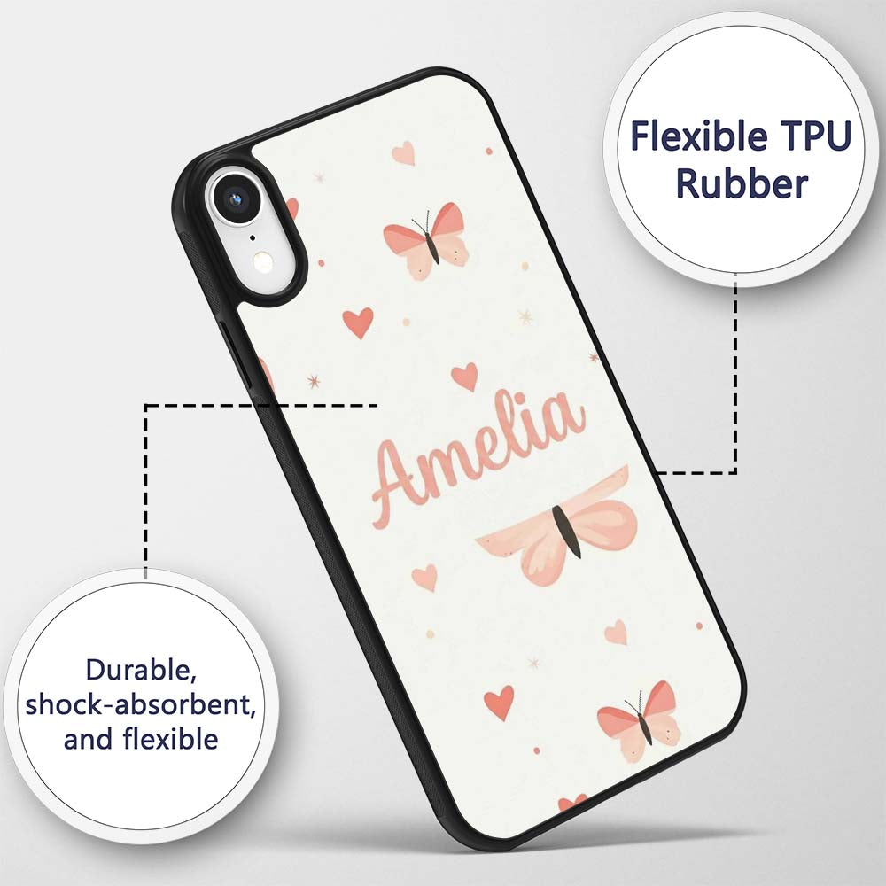 Soft Butterfly Hearts Pastel Seamless Pattern Custom Name Protective Phone Case Mobile Cover Durable Everyday Smartphone Shock Resistant