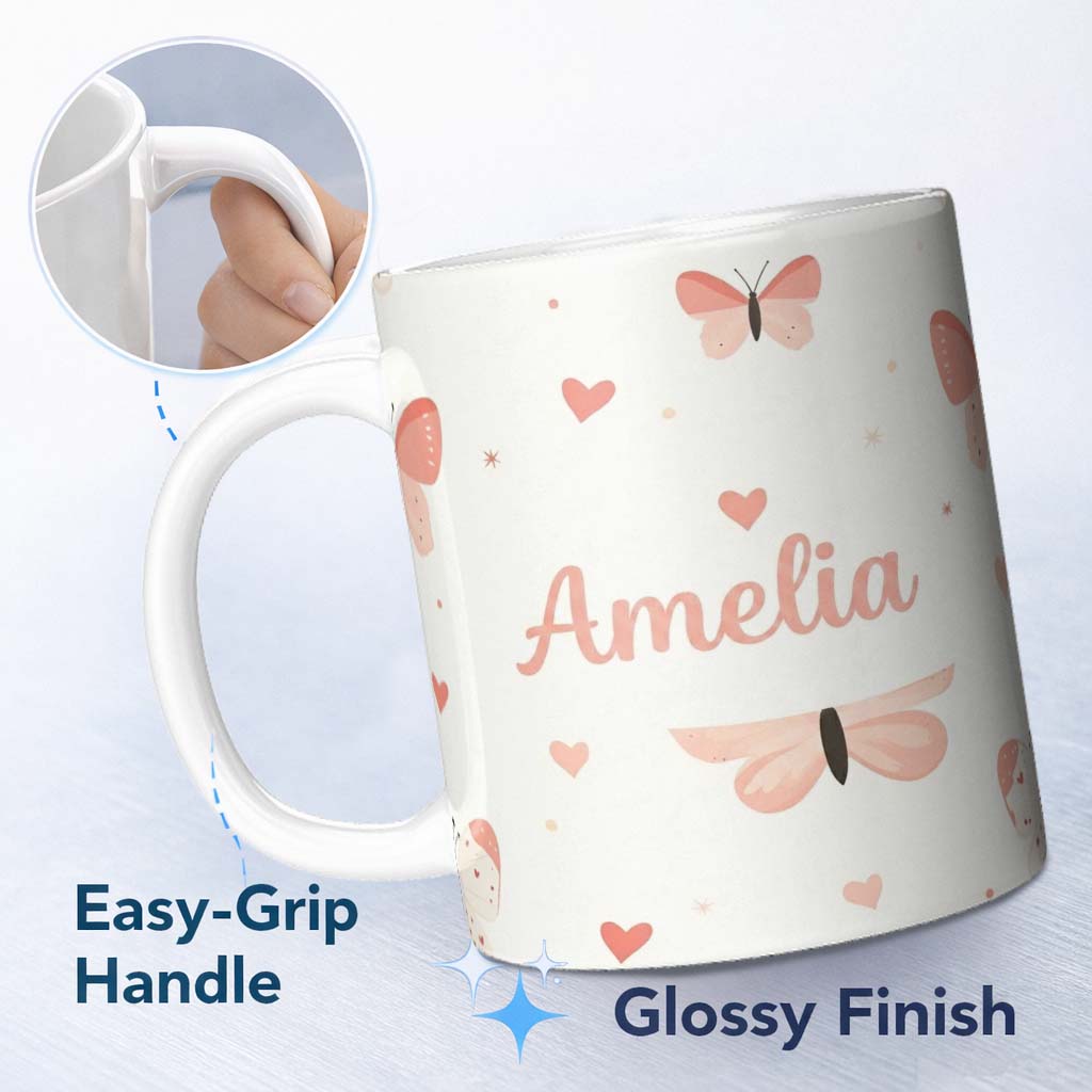 Personalized Custom Name Soft Butterfly Hearts Pastel Seamless Pattern Cute Romantic Design 11oz Ceramic Coffee Tea Mug White Large Handle