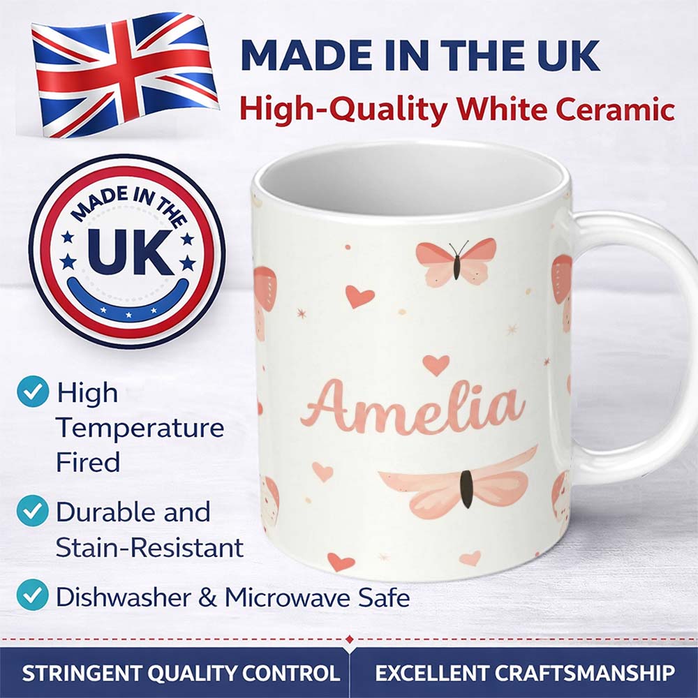 Personalized Custom Name Soft Butterfly Hearts Pastel Seamless Pattern Cute Romantic Design 11oz Ceramic Coffee Tea Mug White Large Handle