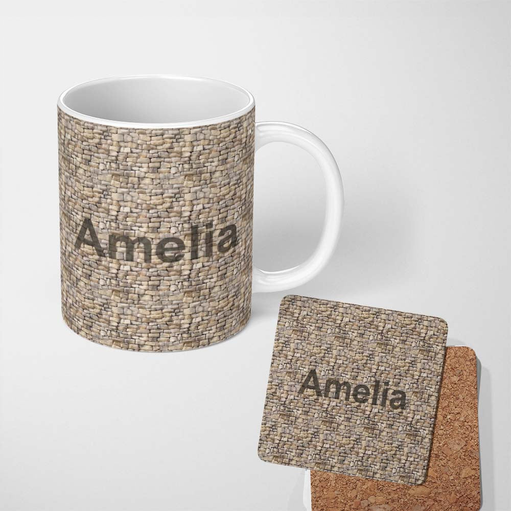 Personalized Custom Name Natural Stone Wall Texture Seamless Pattern Rustic Brick Design 11oz Ceramic Coffee Tea Mug White Large Handle