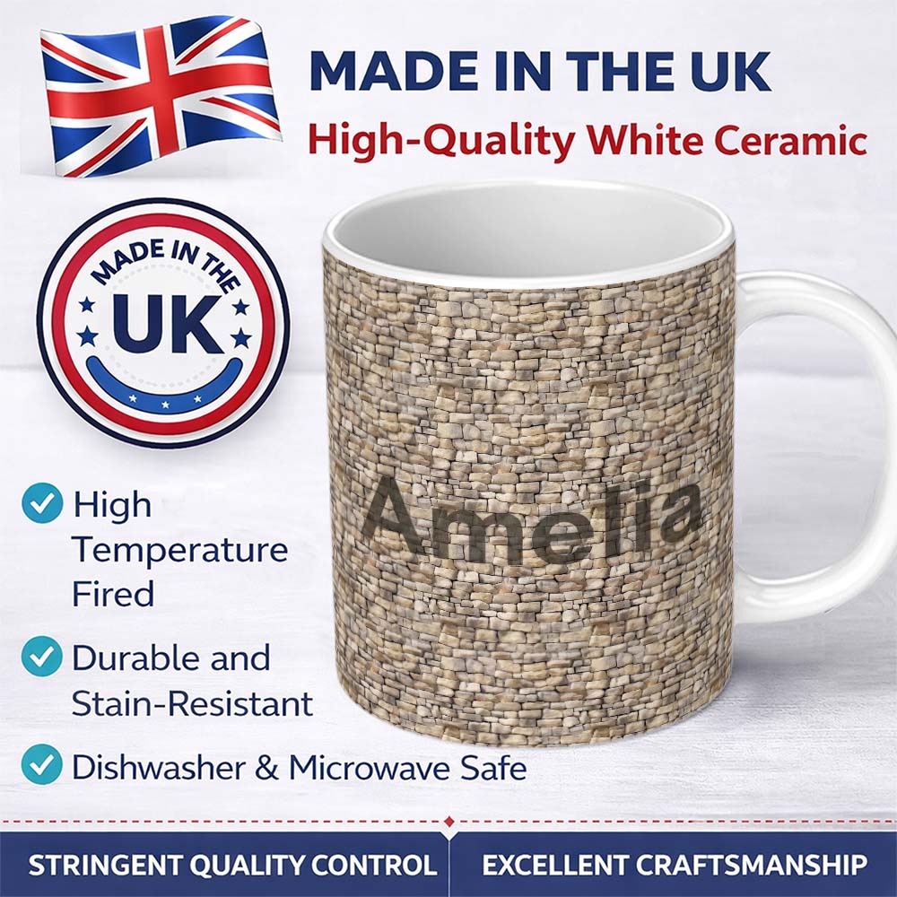 Personalized Custom Name Natural Stone Wall Texture Seamless Pattern Rustic Brick Design 11oz Ceramic Coffee Tea Mug White Large Handle
