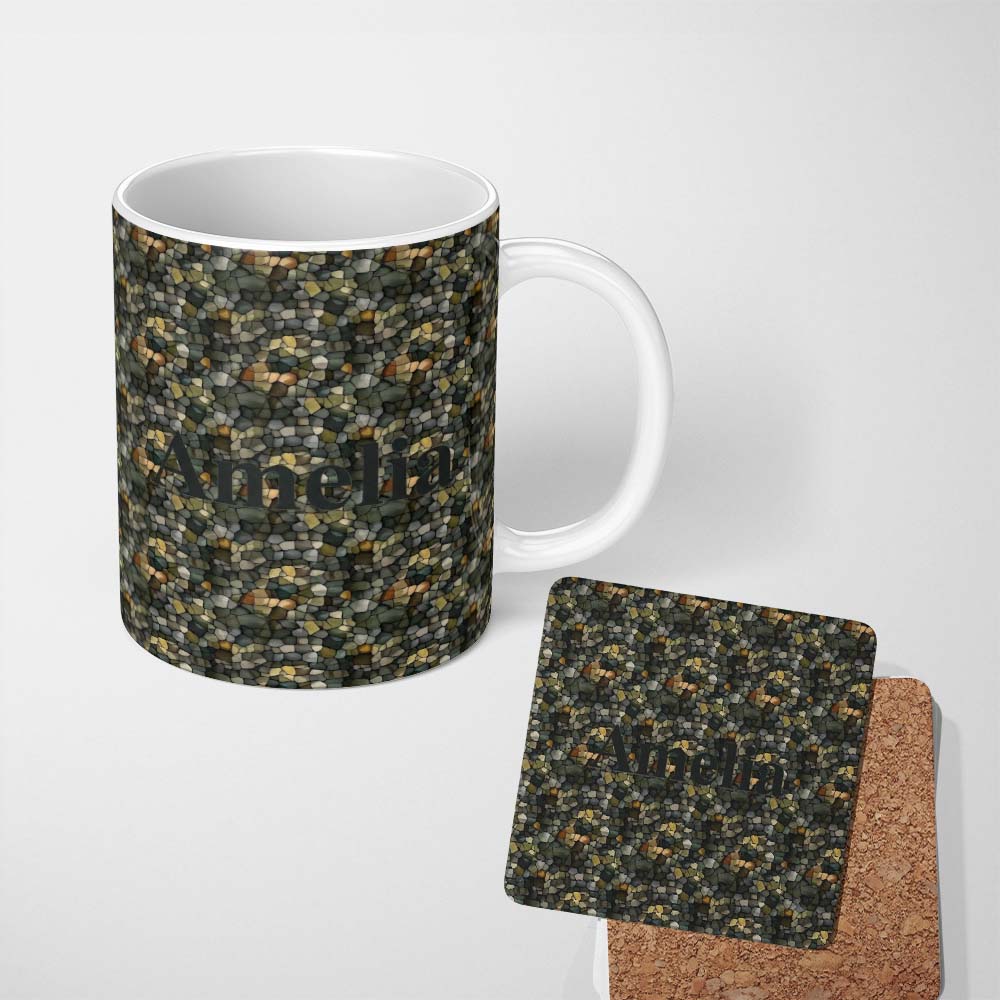 Personalized Custom Name Abstract Pebble Mosaic Texture Seamless Pattern Earth Tone Stone 11oz Ceramic Coffee Tea Mug White Large Handle