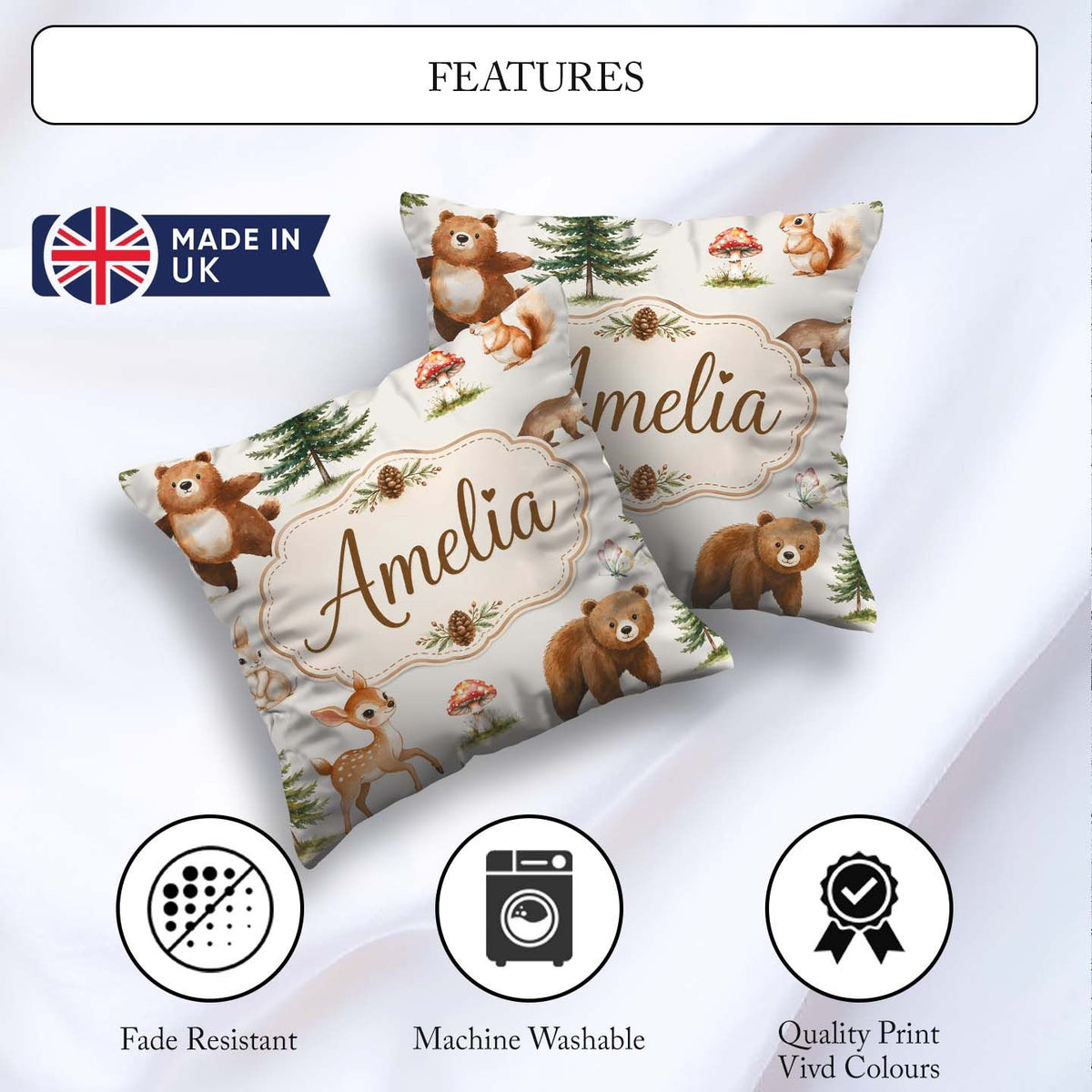 Custom Name Cute Woodland Forest Animals Bear Bunny Deer on Soft Square Filled Cushion Throw Pillow Sofa Bed Home Decor Zip Washable UK Made